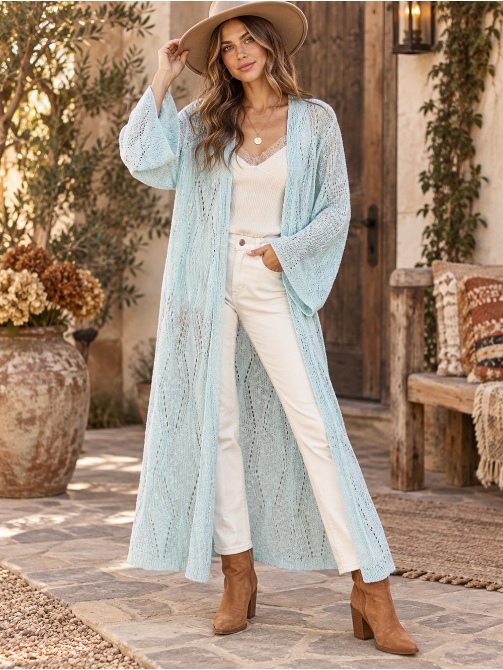POL Lightweight Open Weave Maxi Duster Cardigan Blue Bell Sleeve S NWT